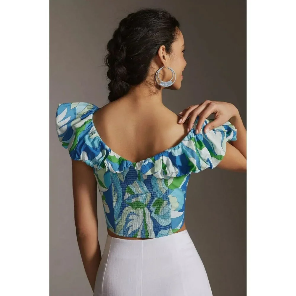 Anthropologie Maeve Top M Blue Puff Sleeve Ruffle Crop Top  V-Neck  Smocked - Picture 2 of 9